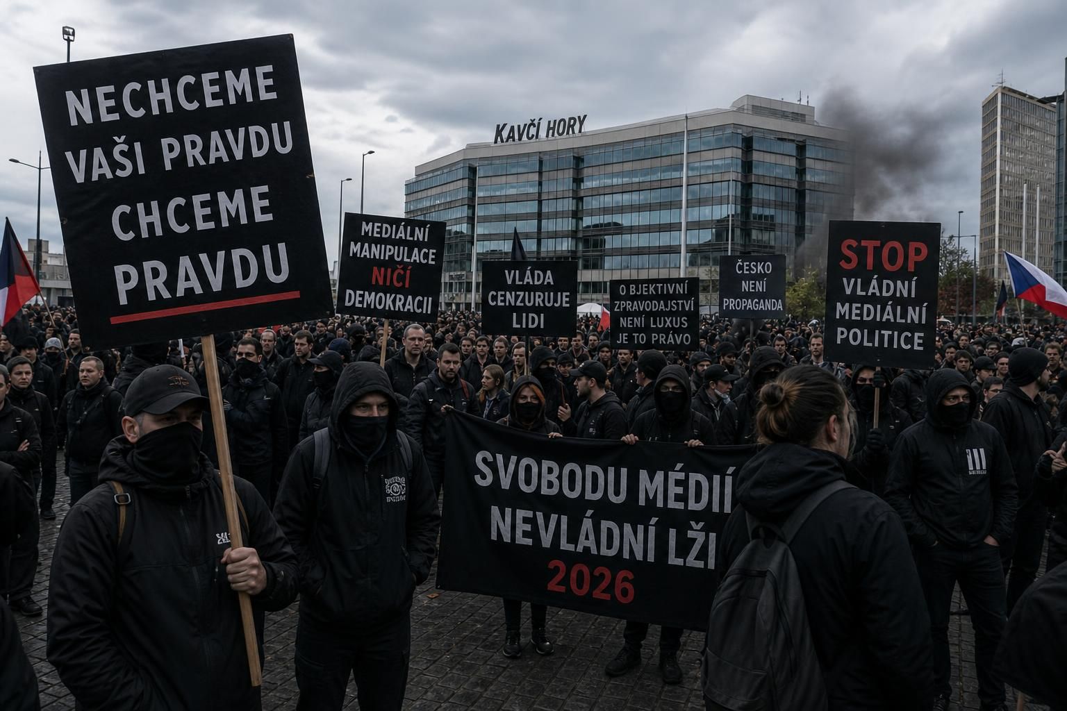 demonstranti v praze vyjadřují nespokojenost s plánovanými změnami ve financování veřejnoprávních médií ze strany vlády.