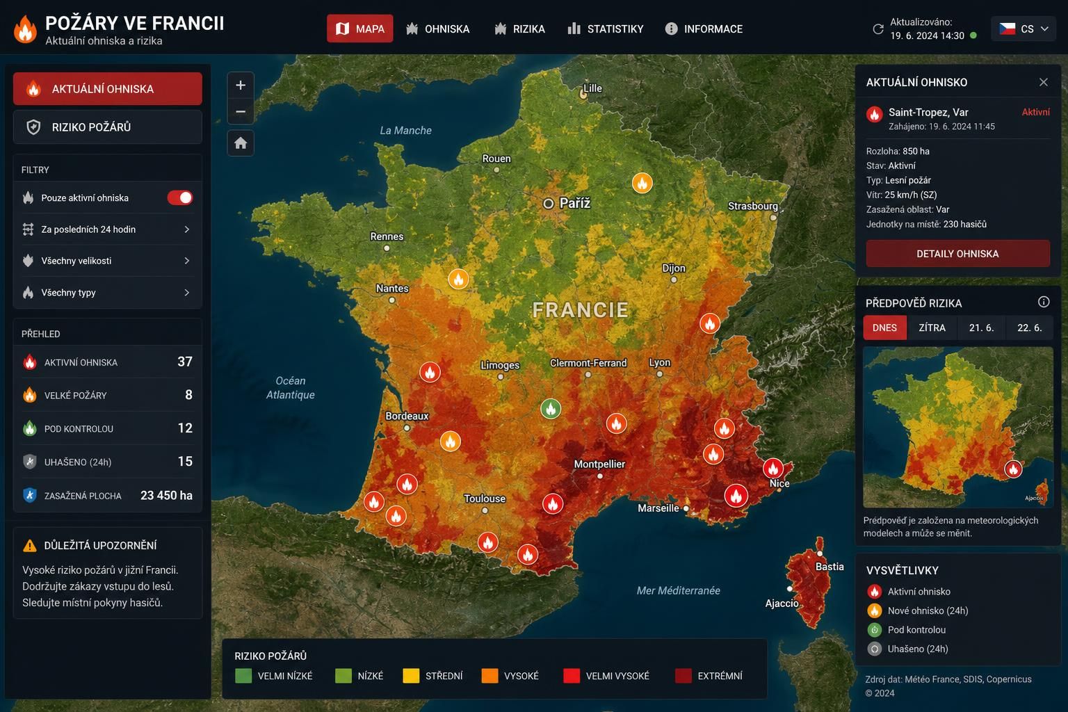 interaktivní mapa požárů ve francii nabízí aktuální informace o ohništích a rizicích. sledujte živě situaci a buďte připraveni na možné nebezpečí.