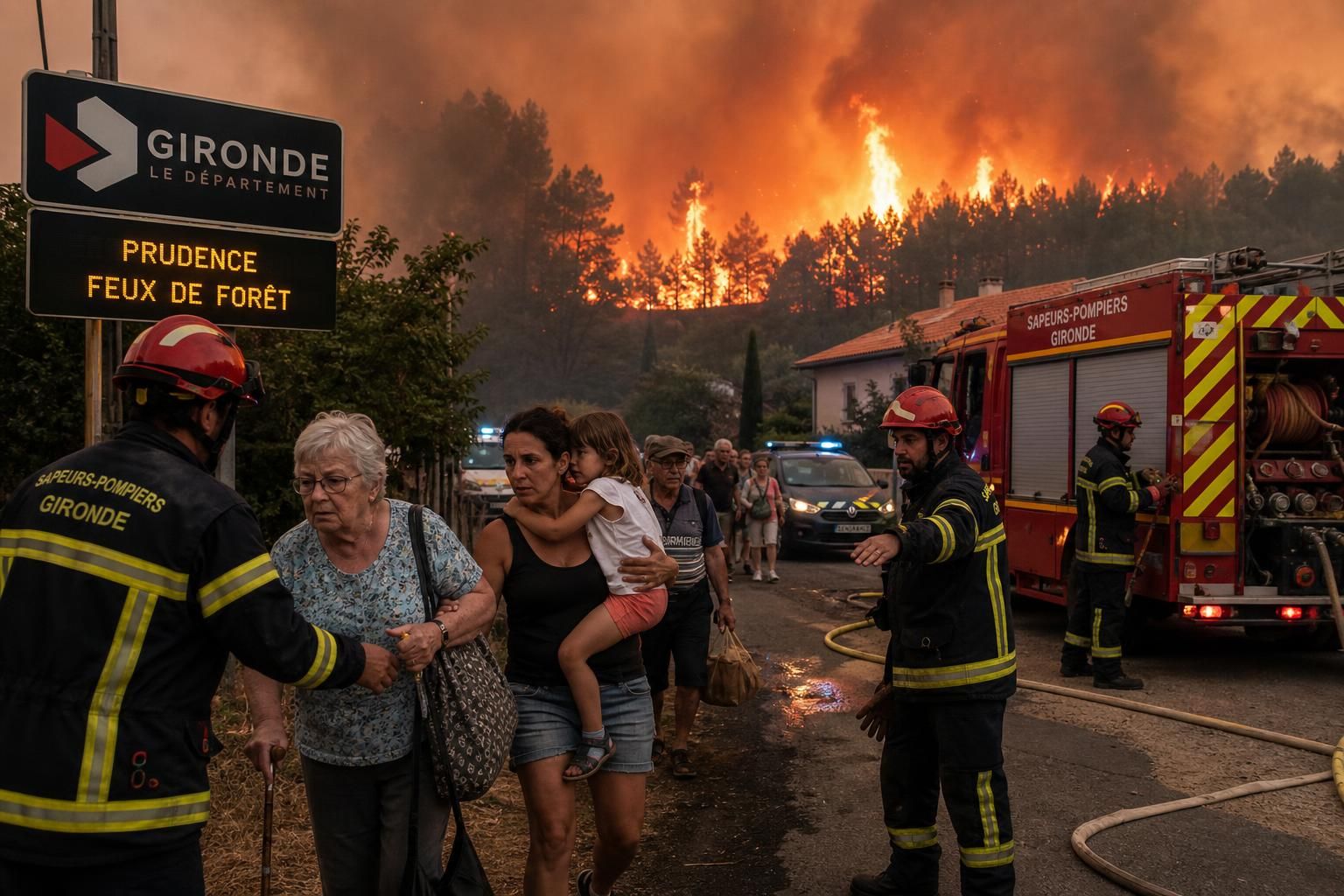 lesní požár v girondě ohrožuje jihozápad francie, hasiči bojují s rozšiřujícími se plameny, evakuace probíhají, situace je kritická.