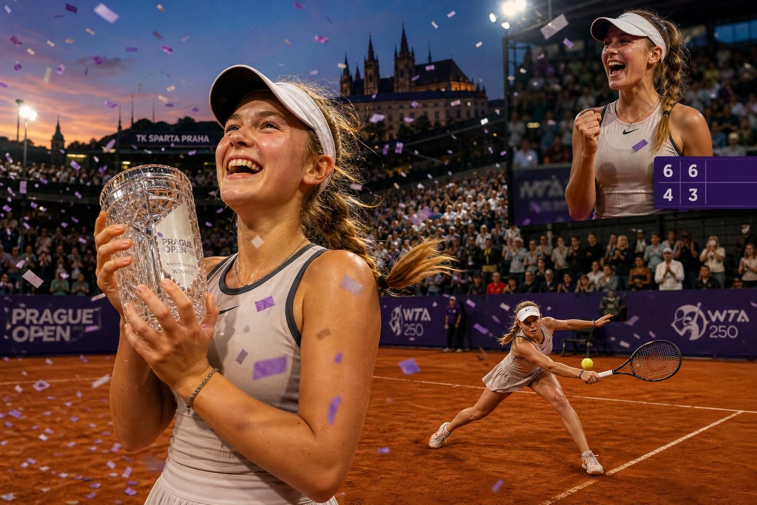 mladá talentovaná hráčka wta oslavuje svůj první titul na turnaji v praze, což znamená začátek slibné kariéry v profesionálním tenise.