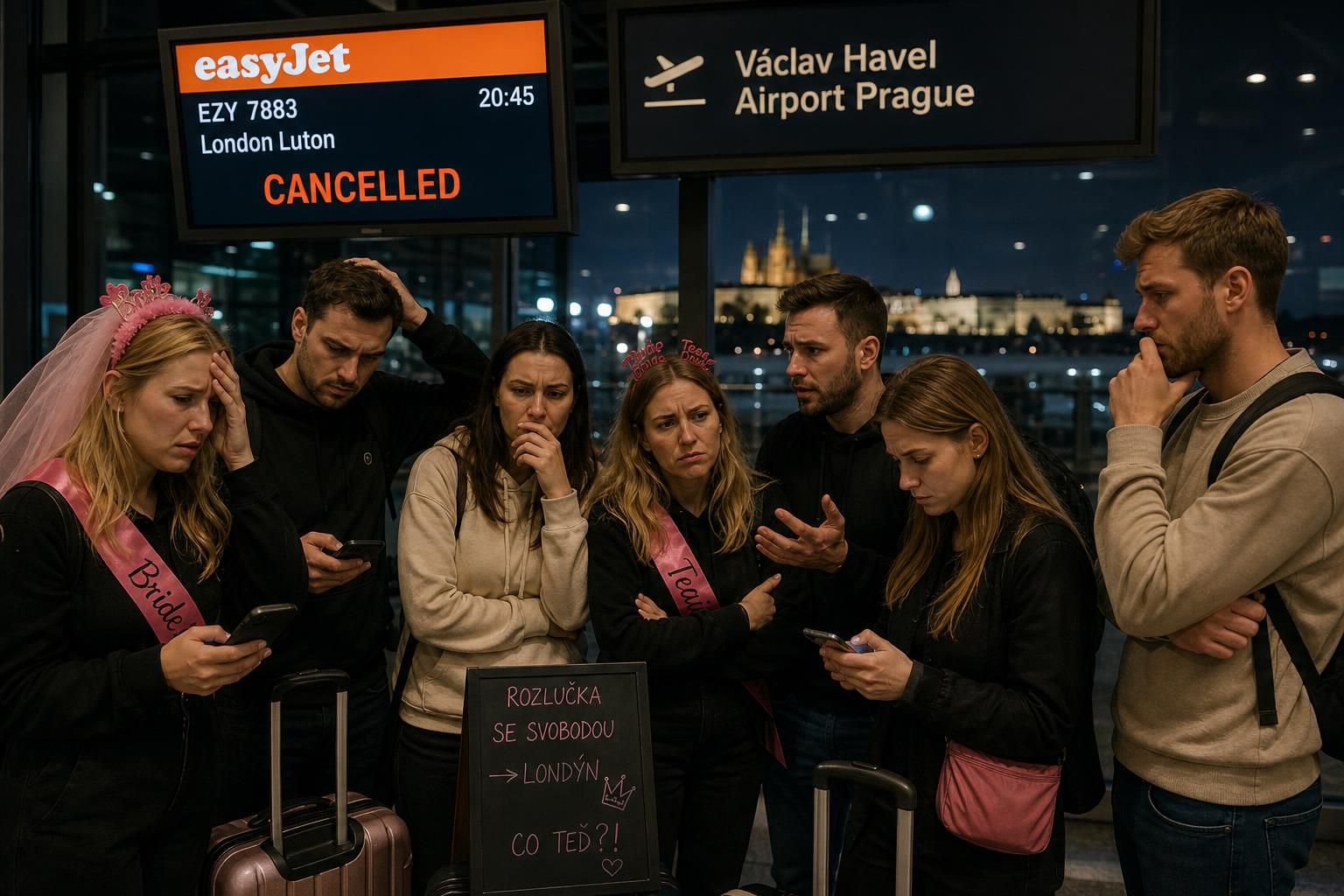 rozlučka se svobodou v praze zkažená kvůli kontroverznímu rozhodnutí letecké společnosti easyjet, které ovlivnilo plány a náladu oslav.