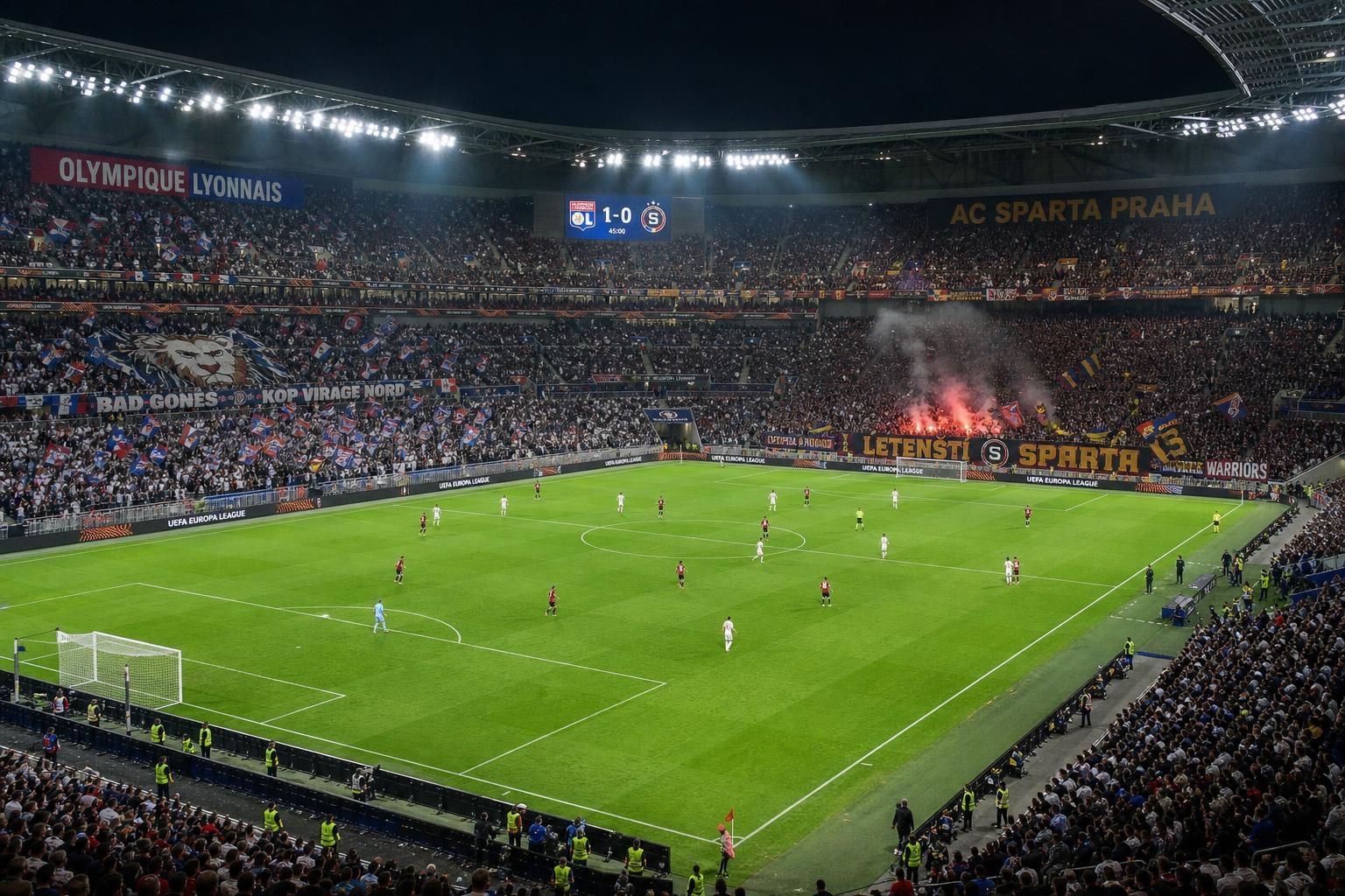 napínavý fotbalový zápas mezi lyonem a spartou praha, dvěma evropskými giganti. sledujte skvělou bitvu plnou emocí a talentu na hřišti.