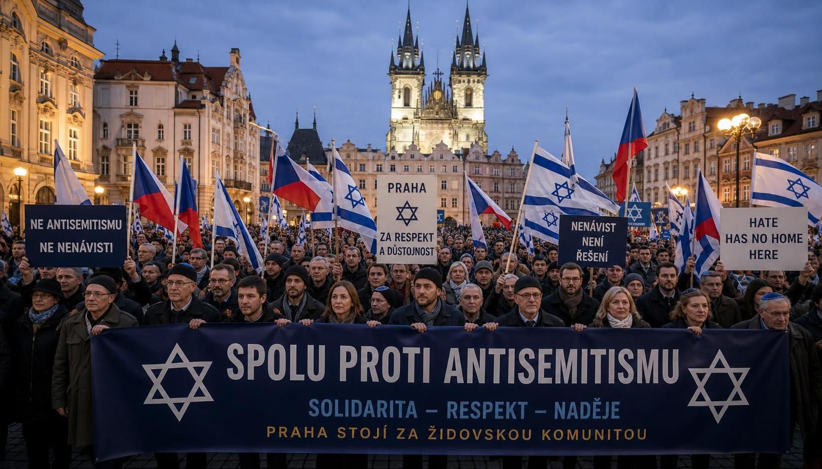 stovky lidí v praze pochodují proti antisemitismu, vyjadřujíce podporu židovské komunitě a odmítání nenávisti.