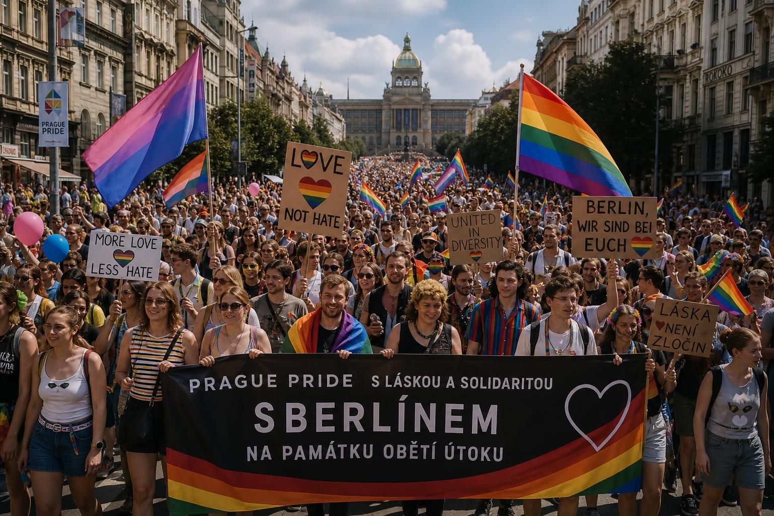 tisíce lidí se spojují na prague pride, aby oslavili diverzitu a uctili památku obětí útoku v berlíně, vyjadřujíce podporu a solidaritu.