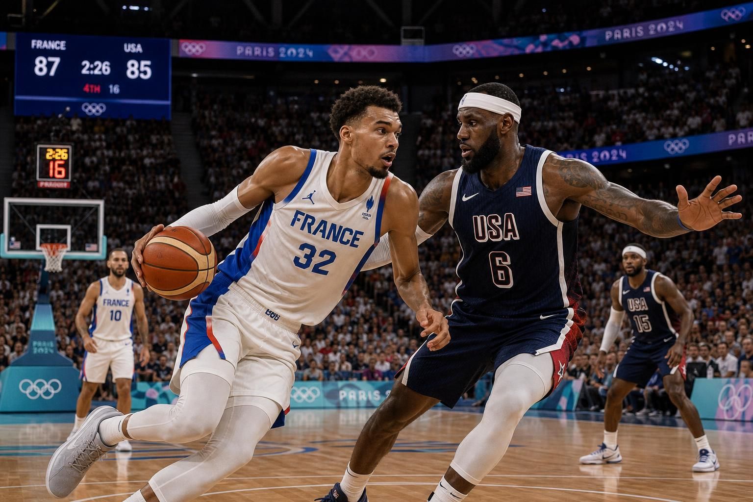 napínavý basketbalový zápas mezi francií a usa, plný emocí a špičkových výkonů obou gigantů.