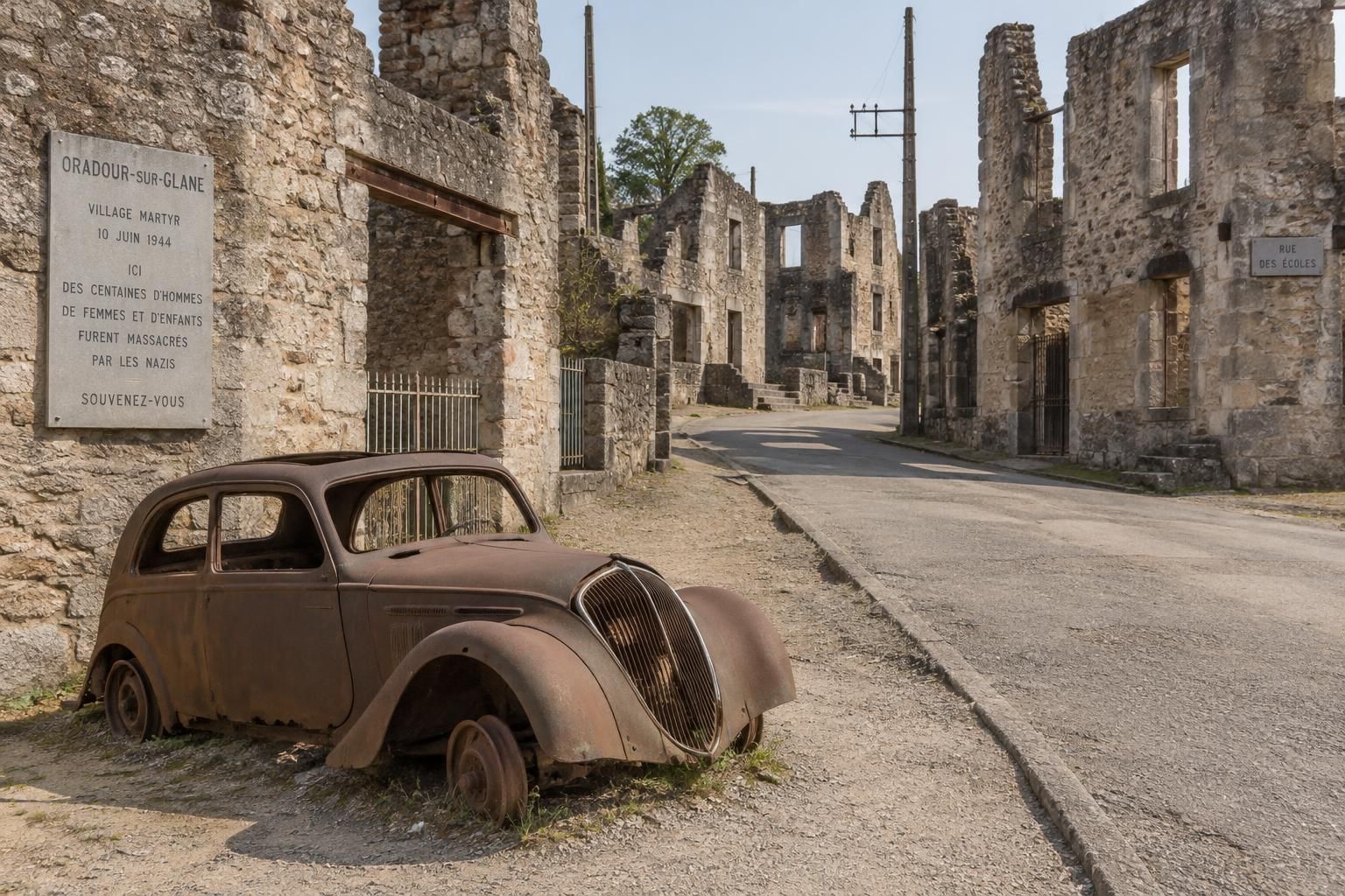 poznejte tragický příběh oradour-sur-glane, francouzské vesnice zničené nacisty v roce 1944, která dodnes připomíná hrůzy masakru.